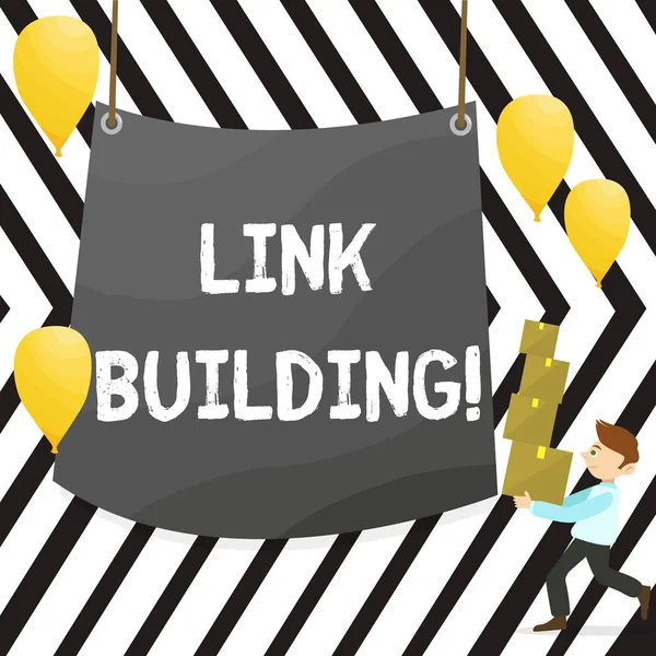 Writing note showing Link Building. Business photo showcasing Process of acquiring hyperlinks from other websites Connection.