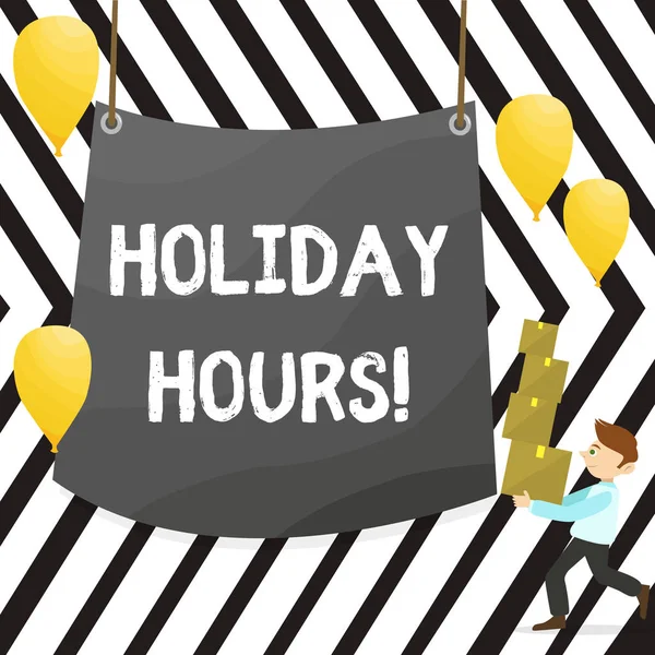 Writing note showing Holiday Hours. Business photo showcasing Celebration Time Seasonal Midnight Sales ExtraTime Opening. — Stock Photo, Image