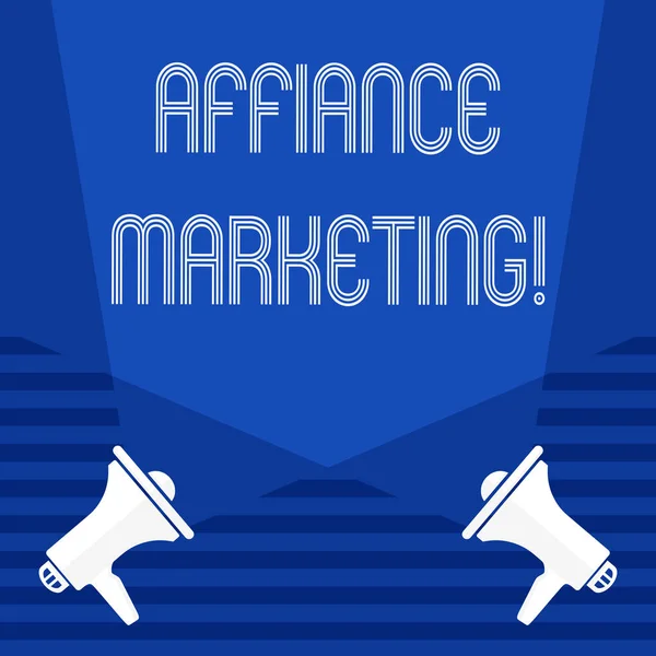 Text sign showing Affiance Marketing. Conceptual photo joining two or more companies in same field mutual goal. — Stock Photo, Image