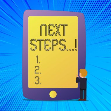 Sonraki adımları gösteren not yazma. Aşağıdaki hamle strateji planı vermek yönergeleri kılavuz vitrine iş fotoğraf.