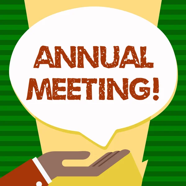 Handwriting text Annual Meeting. Concept meaning Yearly Company Assembly Business Conference Report Event.
