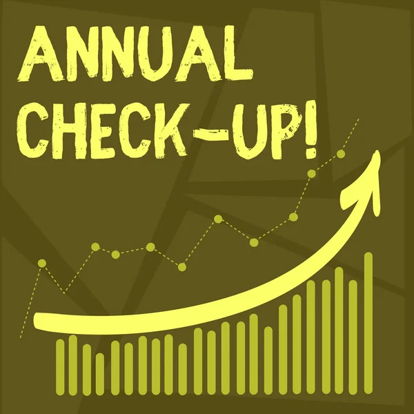 Fogalmi kézi írás, felbukkan éves ellenőrzése. Üzleti fénykép szöveg éves értékelés és bizonyítás egészségügyi állapota. — Stock Fotó