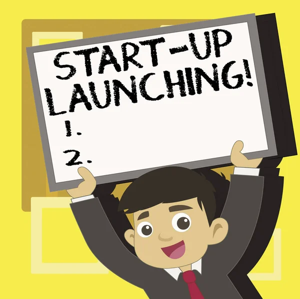 Handgeschreven tekst schrijven Start Up lancering. Begrip betekenis lancering strategieën van een onlangs naar voren gekomen bedrijf starten. — Stockfoto