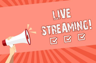 Kavramsal el Live Streaming gösterilen yazma. Medya gerçek zamanlı aktarım Multimedya teknoloji yayın vitrine iş fotoğraf.