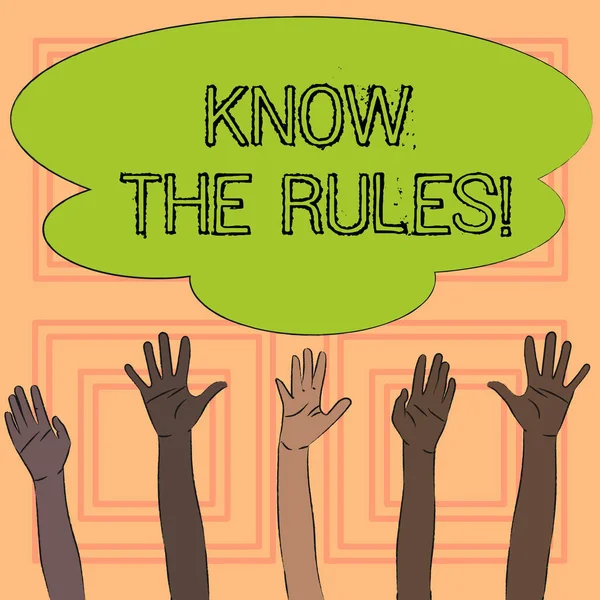 Sinal de texto mostrando Conheça as regras. Foto conceitual Esteja ciente das Leis Regulamentos Protocolos Procedimentos . — Fotografia de Stock