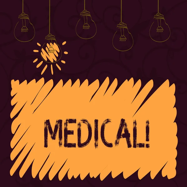 Kata menulis teks Medis. Konsep bisnis terkait dengan ilmu pengobatan medis untuk penyakit atau cedera . — Stok Foto