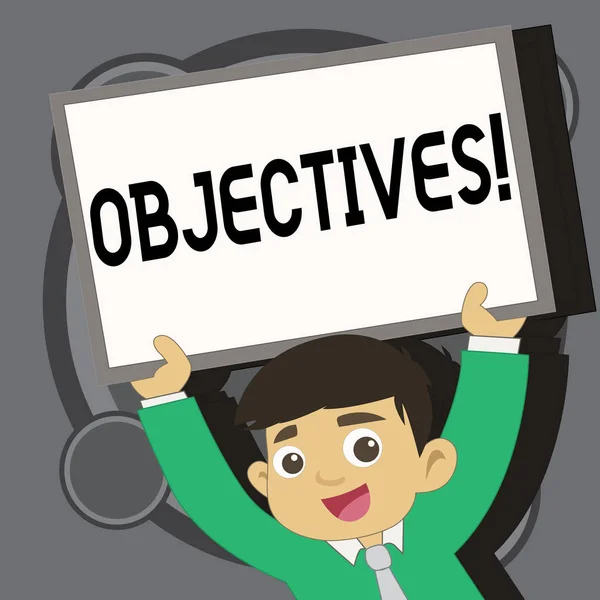 Schrijven van notitie weergegeven: doelstellingen. Zakelijke foto presentatie van doelstellingen worden bereikt gewenste doelstellingen. — Stockfoto