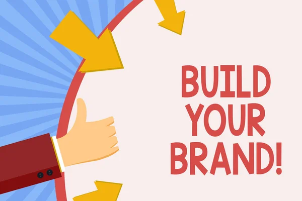 书写笔记, 显示建立你的品牌。商业照片展示创建自己的标志口号模型广告 e 营销. — 图库照片
