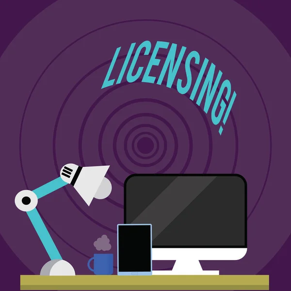 Nota di scrittura che mostra Licensing. Business photo showcase Concedere una licenza Permettere legalmente l'uso di qualcosa Permettere l'attività . — Foto Stock