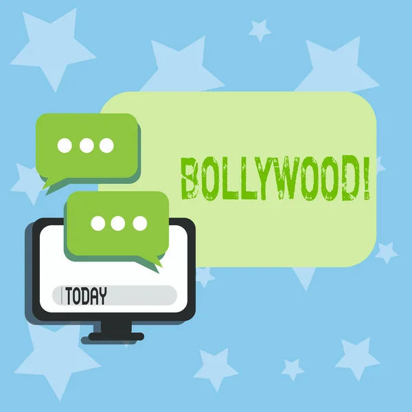Oppfattende håndskrift som viser Bollywood. Tekst på forretningsfoto Indisk kino - en kilde til underholdning blant nye generasjoner . – stockfoto