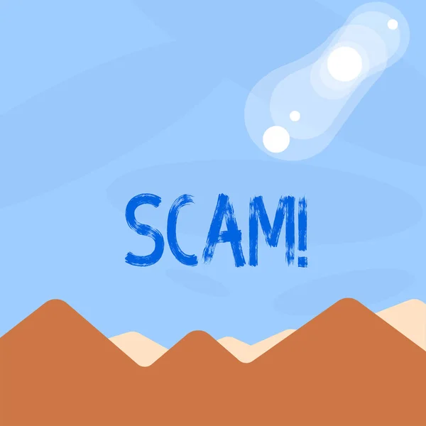 Word pisanie tekstu Scam. Koncepcja biznesowa dla nieuczciwych akt oszustwa oszukać ludzi do zarabiania pieniędzy. — Zdjęcie stockowe