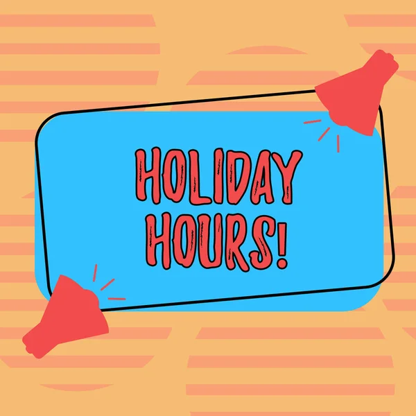 Word writing text Holiday Hours. Business concept for Celebration Time Seasonal Midnight Sales ExtraTime Opening Two Megaphone with Sound icon on Blank Color Outlined Rectangular Shape. — Stock Photo, Image