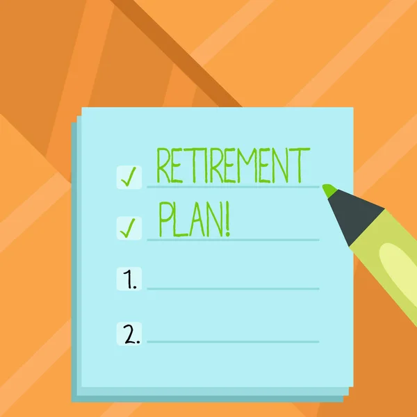 Word writing text Retirement Plan. Business concept for Savings Investments that provide incomes for retired workers. — Stock Photo, Image