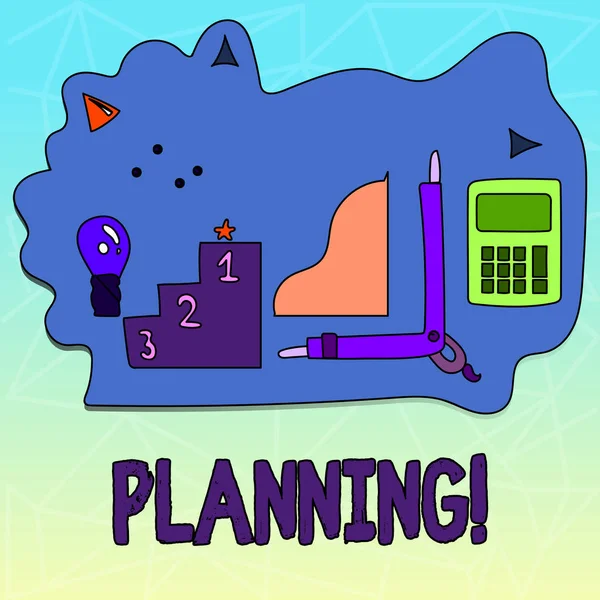 Sinal de texto mostrando Planejamento. Foto conceitual Definir estratégias para alcançar um objetivo Processo de elaboração de planos . — Fotografia de Stock