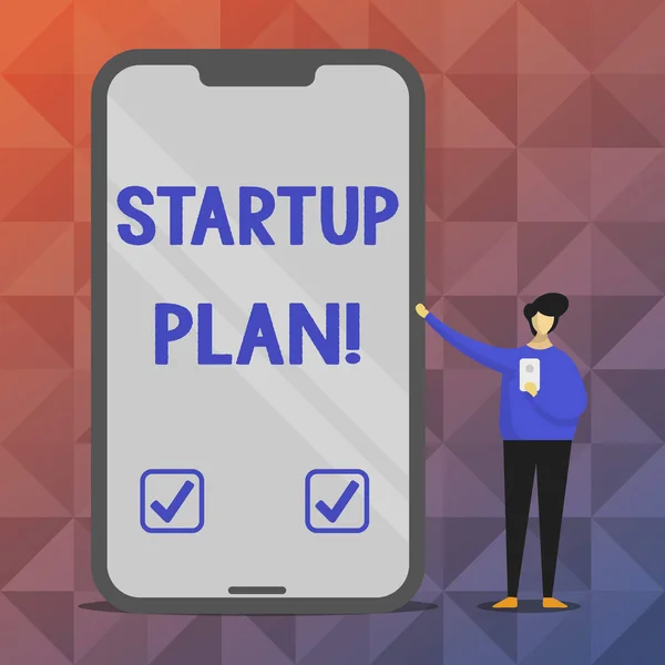 Tekst teken weergegeven: Startup Plan. Conceptuele foto ontwikkeling begint met plannen voor nieuwe ontstaan ondernemingen. — Stockfoto