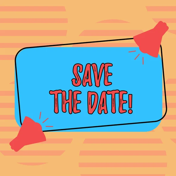 Word writing text Save The Date. Business concept for Remember not to schedule anything else that time Appointment Two Megaphone with Sound icon on Blank Color Outlined Rectangular Shape. — Stock Photo, Image