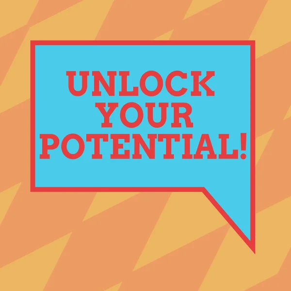 Znak tekstowy Wyświetlono Unlock Your Potential. Koncepcyjne zdjęcie ujawniają talent siać umiejętności zdolności puste prostokątne kolor dymek z granicy zdjęcie prawej ręki. — Zdjęcie stockowe