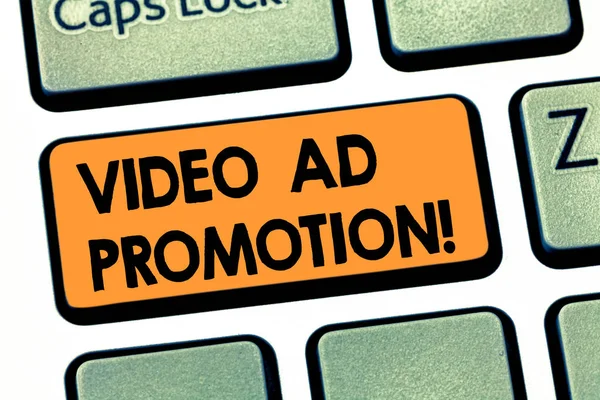 Writing note showing Video Ad Promotion. Business photo showcasing help drive more views and subscribers to your channel Keyboard key Intention to create computer message pressing keypad idea. — Stock Photo, Image
