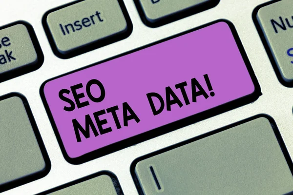 Schrijven Opmerking showingseo Meta Data. Zakelijke foto presentatie van Search Engine optimalisatie Online marketing strategie toetsenbordtoets voornemen om computer bericht te drukken toetsenblok idee te maken. — Stockfoto