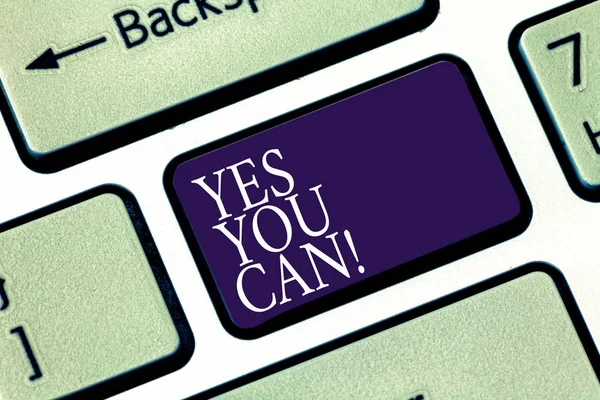 Writing note showing Yes You Can. Business photo showcasing Positivity Encouragement Persuade Dare Confidence Uphold Keyboard key Intention to create computer message pressing keypad idea. — Stock Photo, Image