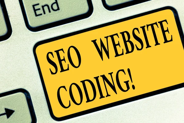 Writing note showing Seo Website Coding. Business photo showcasing create site in way make it more visible to search engine Keyboard key Intention to create computer message pressing keypad idea. — Stock Photo, Image