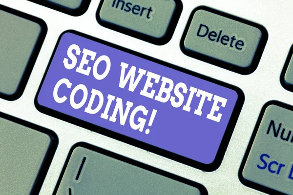 Text sign showing Seo Website Coding. Conceptual photo create site in way make it more visible to search engine Keyboard key Intention to create computer message pressing keypad idea. — Stock Photo, Image