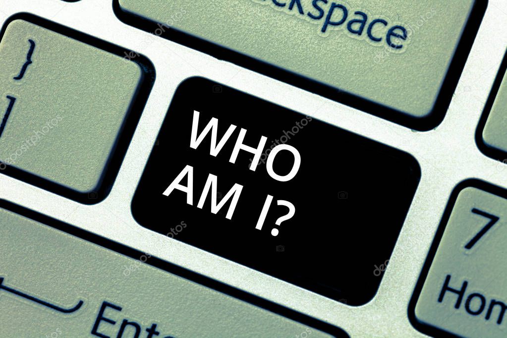 Word writing text Who Am I. Business concept for Introduce Identify yourself demonstratingality likes dislikes profile Keyboard key Intention to create computer message pressing keypad idea.