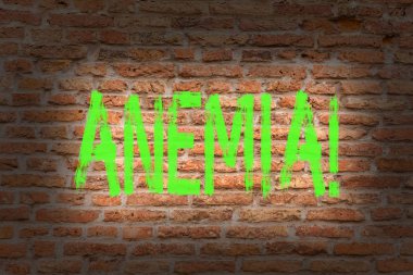 Word metin yazma anemi. Bloodlessness hastalığı ağır kan kaybı hastalık hasta demir eksikliği tuğla duvar sanat Graffiti motivasyonel çağrı duvarda yazılı gibi iş kavramı.