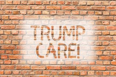 Trump bakım gösterilen metin işareti. Kavramsal fotoğraf değiştirme için uygun bakım yasası Amerika Birleşik Devletleri'nde tuğla duvar sanat Graffiti motivasyonel çağrı duvarda yazılı gibi gösterir.