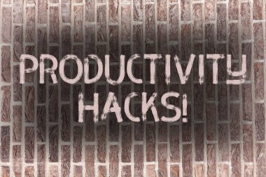 Metin Verimlilik Hacks yazılı kelime. İş kavramı için çözüm yöntemi ipuçları verimliliği verimlilik tuğla duvar Hack sanat Graffiti motivasyonel çağrı duvarda yazılı gibi.