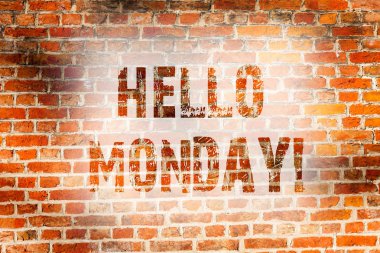 Kavramsal el Hellomonday gösterilen yazma. Yeni gün hafta başlamak tuğla duvar sanat Graffiti motivasyon gibi için olumlu bir duvarda yazılı mesaj vitrine iş fotoğraf.
