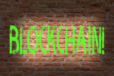 Word metin yazma Blockchain. İş kavramı kayıt günlük mali deyim dijital veri teknoloji kayıt tuğla duvar sanatı duvarda yazılı Graffiti motivasyonel arama gibi için.