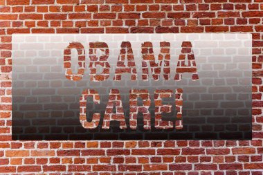 Word metin yazma Obama bakım. Hükümet programı, sigorta sistemi hasta koruma tuğla duvar sanat Graffiti motivasyonel çağrı duvarda yazılı gibi iş kavramı.