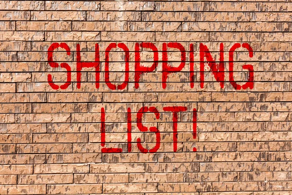 Word writing text Shopping List. Business concept for Products Groceries you need to buy Supermarket Checklist Brick Wall art like Graffiti motivational call written on the wall.