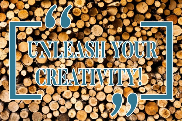Writing note showing Unleash Your Creativity. Business photo showcasing Develop Personal Intelligence Wittiness Wisdom Wooden background vintage wood wild message ideas intentions thoughts. — Stock Photo, Image