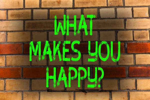 Parola di scrittura del testo Che cosa ti rende Happyquestion. Concetto di business per la felicità viene fornito con amore e vita positiva Mattone Arte murale come Graffiti chiamata motivazionale scritta sul muro . — Foto Stock