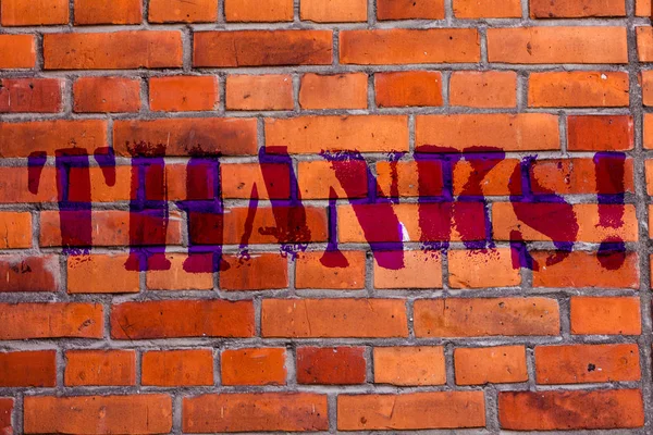 Text sign showing Thanks. Conceptual photo Appreciation greeting Acknowledgment Gratitude Brick Wall art like Graffiti motivational call written on the wall.