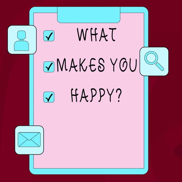 Ordet skriver text Vad gör du Happyquestion. Affärsidé för lycka kommer med kärlek och positiva liv. — Stockfoto