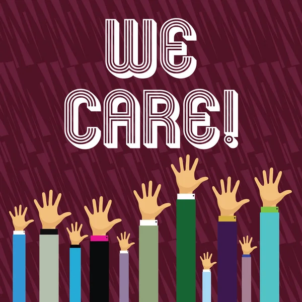 Scrivere una nota che mostri We Care. Business photo showcase Dare aiuto alle persone Attenzione Assistenza di supporto . — Foto Stock