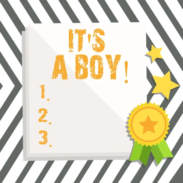 Word het schrijven van tekst het S A Boy. Bedrijfsconcept voor mannelijke baby komt Gender reveal viering. — Stockfoto