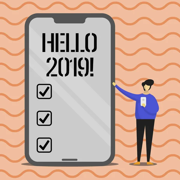 Texto de escritura de palabras Hola 2019 Concepto de negocio para comenzar un nuevo año El mensaje motivacional 2017 ha terminado . — Foto de Stock