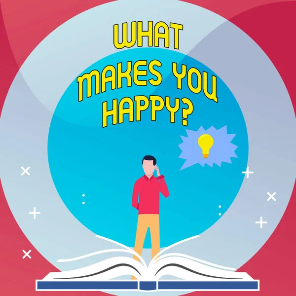 Texto de escritura de palabras What Makes You Happyquestion. Concepto de negocio para la felicidad viene con amor y vida positiva . — Foto de Stock
