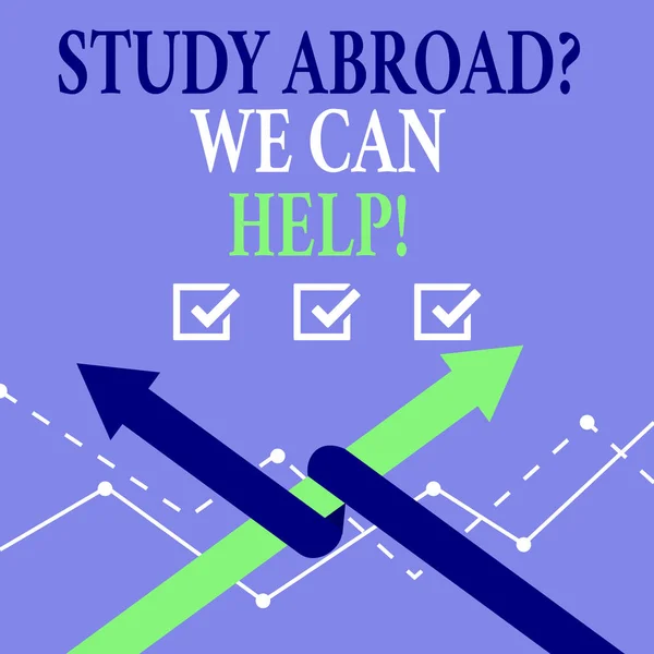 Word metin çalışma Abroadquestion biz yardımcı olabilir yazma. Yurtdışı eğitimi tamamlamak gidiş için iş kavramı. — Stok fotoğraf