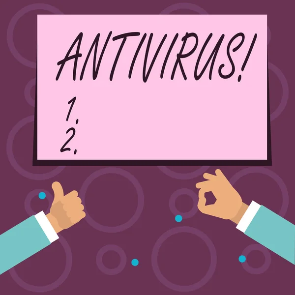 Conceptual hand writing showing Antivirus. Business photo text Safekeeping Barrier Firewall Security Defense Protection Surety. — Stock Photo, Image