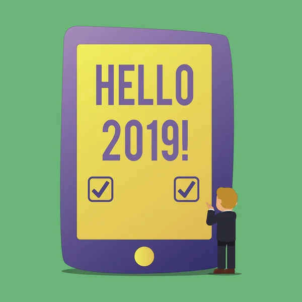 Texto de escritura de palabras Hola 2019 Concepto de negocio para comenzar un nuevo año El mensaje motivacional 2017 ha terminado . — Foto de Stock