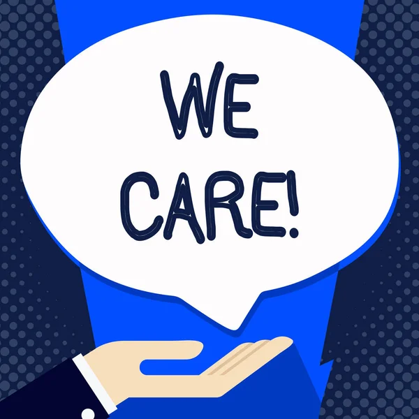 Handgeschreven tekst schrijven We Care. Begrip betekenis geven mensen helpen de hulp van de ondersteuning van de aandacht. — Stockfoto