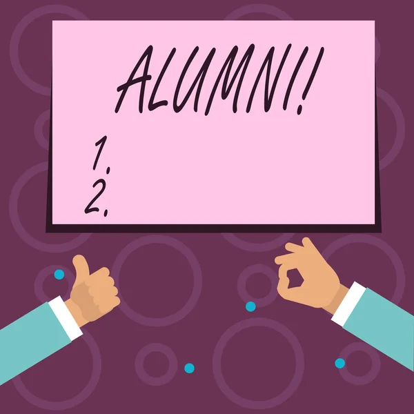 Conceptual hand writing showing Alumni. Business photo text Alum Old graduate Postgraduate Gathering College Academy Celebration. — Stock Photo, Image