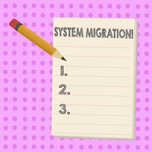 참고 시스템 마이그레이션 보여주는 작성. 이동 프로그램을 다른 플랫폼을 보여주는 사업 사진. — 스톡 사진