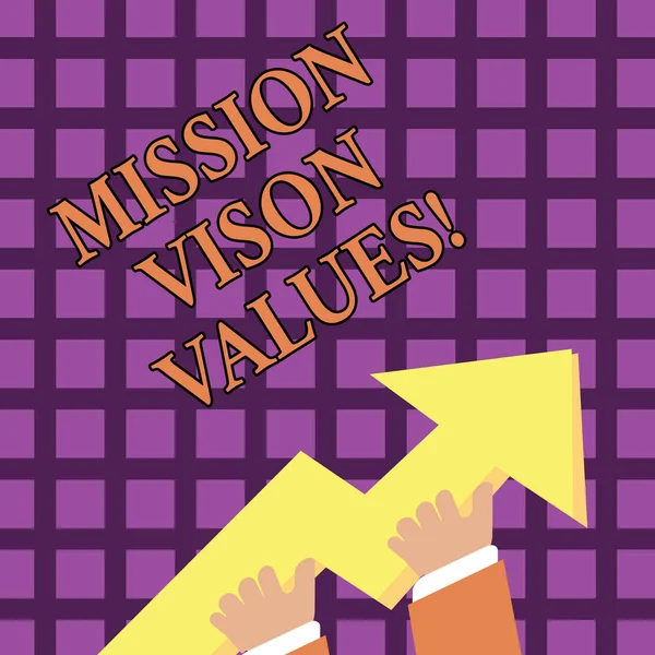 Segno di testo che mostra i valori di Mission Vison. Pianificazione concettuale delle foto per il miglioramento futuro Carriera Decisioni giuste . — Foto Stock