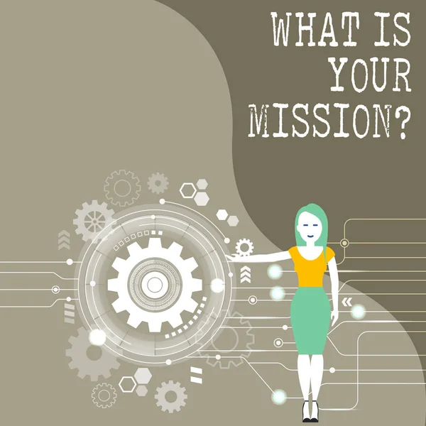 Conceptuele hand schrijven weergegeven: Wat Is uw Missionquestion. Zakelijke foto presentatie vraagt iemand over zijn plannen en de todolijst. — Stockfoto
